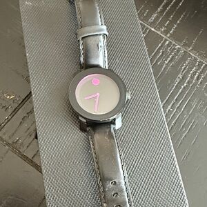 Movado Black Leather Strap Watch with Pink Accents